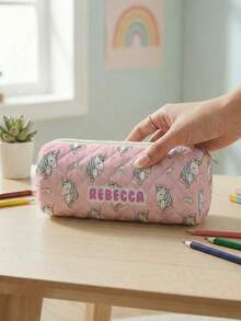 1pc Customized Name Rhombus Round Pencil Case, Can Be Customized According To Your Unique Design, Perfect For Children To Store Pencils, Print Your Own Name Or Print Your Sister's And Classmates' Names As Gifts To Give To Others - Multicolor - View 5
