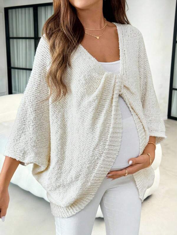 Batwing Sleeves With Front Knot Decoration, Solid Color Maternity Sweater, Cover-Up, Dusty Cardigan, Autumn Plus Size Top, Photoshoot Maternity