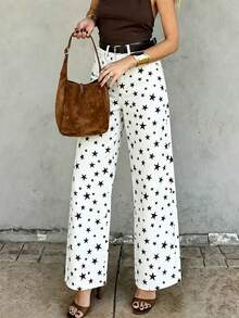 Women White Straight Jeans Star Print Loose Wide Leg Jeans Vintage Hot Girl Vacation Streetwear, Summer Fall - White - View 4