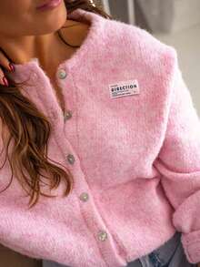 Women's Plus Size Comfortable Pink Knit Cardigan Sweater, Long Sleeve Button Front, Regular Length, Medium Stretch, Suitable For Daily Wear - Pink - View 4