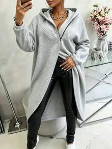 Moletom Casual Elegante Plus Size de Cintura Alta, Cor Sólida com Zíper e Barra Tulipa, Adequado para o Outono - Cinza - Visão 3