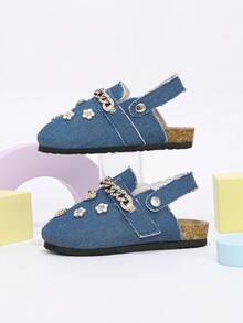 1 Pair Kids' Blue Rhinestone Chain 3D Heart & Flower Closed-Toe Mule Shoes, Suitable For Daily Wear - Blue - View 3