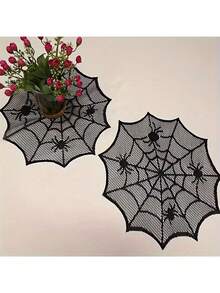 1pc Halloween Black Lace Spider Web Round Placemat, Polyester Knitted Waterproof Table Mat, Perfect For Spider Theme Western Dining, Heat-Resistant Non-Slip Table Mat, Restaurant Kitchen Home Dining Table Decor, Halloween Ghost Party Gathering Dinner Table Arrangement, Fireplace Decor, Holiday Photography Props, Holiday Gift - Multi-color - View 9