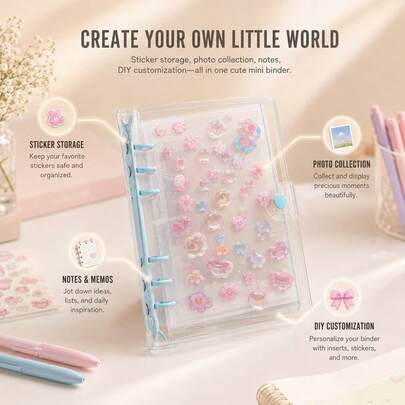1 pieza Carpeta minimalista transparente A5, cubierta de PVC impermeable con cierre de presión de alta densidad, álbum portátil de fotos y pegatinas con páginas de recarga reemplazables y bolsillos para tarjetas, adecuado para diarios, presupuestos, papelería, útiles escolares y de oficina