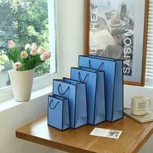 5pcs Blue Gift Bags With Ribbon Handles And Black Edges, Lightweight Foldable Vertical Bags, Suitable For Weddings, Retail, Parties, Birthdays And More - Blue Background With Black Border - View 2
