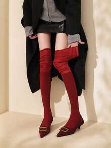 1 Pair Women Burgundy Ribbed Knit Slouchy Over The Knee Socks Old Money For Fall Boot Layering Office Daily Wear - Red - View 1