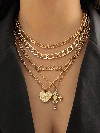 5-Piece Set Vintage Multi-Layer Heart Embossed Figure Cross Pendant Necklace, Valentine's Day, Mom, Mother's Day Gift