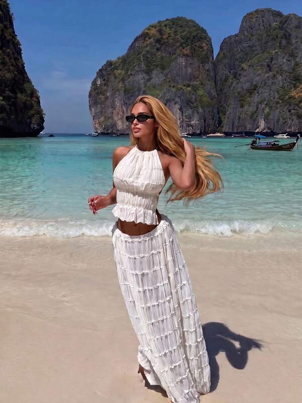 Elegant Sexy Romantic Party Summer Beach Textured Fabric Camisole Top + Long Skirt 2-Piece Set, Summer Outfit For Women, Beach Outfits