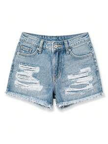 CICILEEDA Shorts de mezclilla de mujer con cintura media, acanalados, elásticos, con dobladillo deshilachado y crudo - Celeste - Ver 4