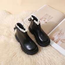 1 Pair 2026 New Girls' Ankle Boots, Lace Trim Back Zipper Thick Sole Design, Gentle Minimalist Style, Suitable For Daily Wear And Birthday Parties - Black - View 3