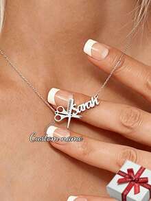 Customized Name Necklace For Women, Simple Personalized Hairdresser Necklace With Delicate And Stylish Scissor & Comb Pendant, Punk Stainless Steel Handmade Letter Necklace With Name Plate Pendant, Ideal For Family Party Jewelry Gift To Hairdresser - Silver-mV Boli - View 1