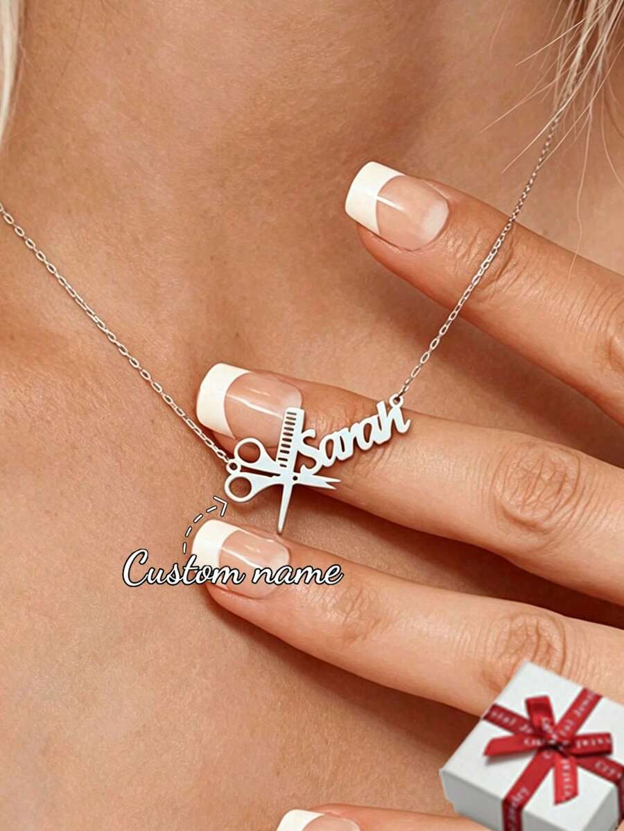Customized Name Necklace For Women, Simple Personalized Hairdresser Necklace With Delicate And Stylish Scissor & Comb Pendant, Punk Stainless Steel Handmade Letter Necklace With Name Plate Pendant, Ideal For Family Party Jewelry Gift To Hairdresser - Silver-mV Boli - View 1