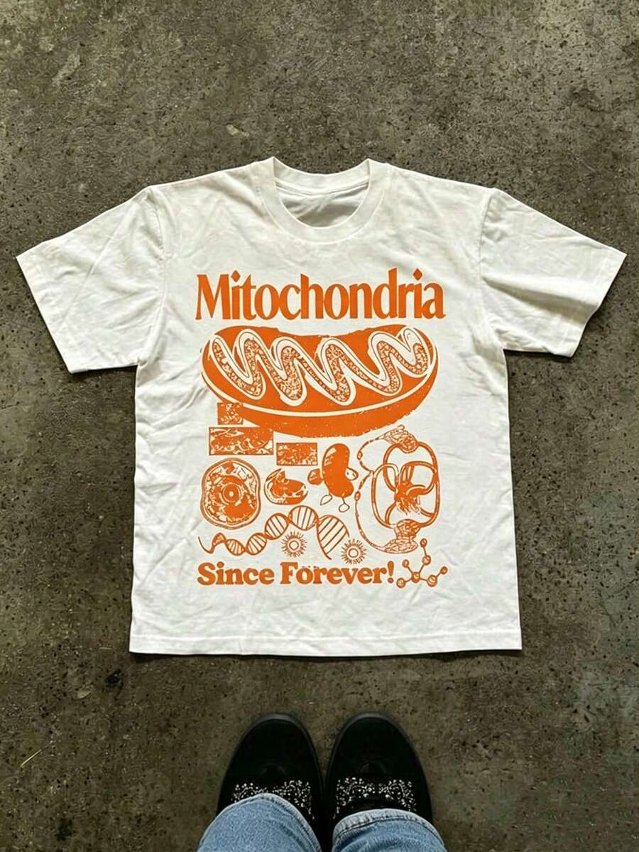 Women's Festival Tee: Mitochondria Graphic & Cell DNA Illustration, Blue Text, White Unisex Science Summer T-Shirt - 白色2 - 查看 1