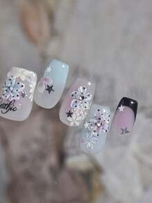 1pc Glossy Rhinestone Gradient Floral Nail Stickers, 3D Jelly Translucent Polka Dot Small Flower Elegant Cursive Self-Adhesive Nail Decals - 彩色 - 查看 5