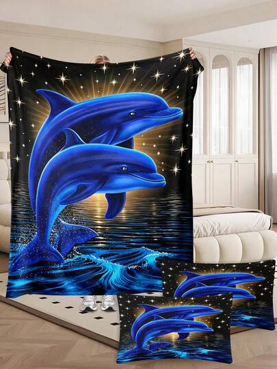 Moonlit Dolphins Flannel Blankets Pillow Case Set Comfortable Throw Bedding Accent Bedroom Couch Living Room Guestroom Home Decor All Season Gift Choice Beach Lovers Travelers Women Mom Sister Friend Birthday Thanksgiving Christmas Anniversary