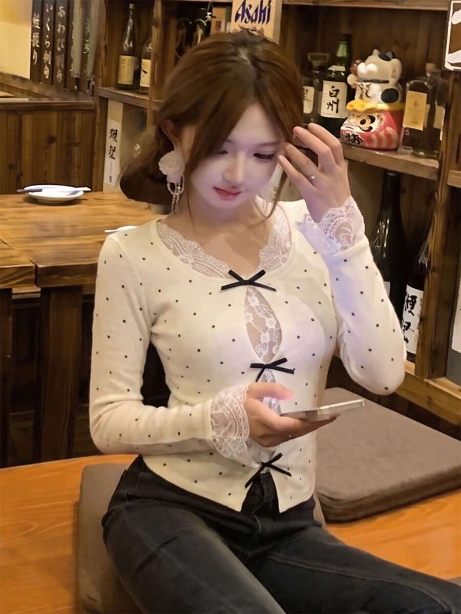 女款杏色蕾絲拼接波點圖案鏤空設計針織毛衣,蝴蝶結長袖套頭衫,秋冬季 - 杏色 - 查看 1
