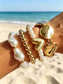 4pcs Vintage Elegant CCB Women's Round Disc Heart Pearl Bracelets, Suitable For Daily Commute, Party, Date And Vacation Wear, Gift For Women - Gold - View 6