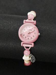 女款禮品手錶 可愛清新愛心手鍊錶 女生學生小珠飾手鍊裝飾石英手錶 (1件/套) 不含手錶盒 - 粉色 - 查看 7