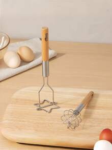 1pc/2pcs Kitchen Cream Whisk Flour Mixer Multi-Functional Wooden Handle Masher Baking Tool Set - Multicolor - View 5