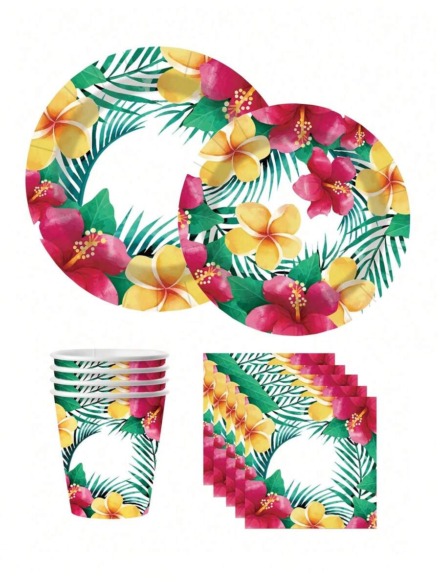 10pcs Hawaiian Style Oval Paper Plates, Disposable Aloha Floral Party Decorations, Summer Tableware Supplies, Popular Tropical Style Plates, Perfect For Beach Party, Birthday Party - Multicolor - View 1