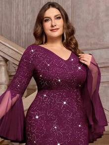 Plus Size V-Neck Floral Lace Sequin Patchwork Contrast Mesh Long Sleeve Mermaid Hem Evening Party Dress, Wedding Guest Dress, Prom Dress, Birthday Suitable - Maroon - View 10