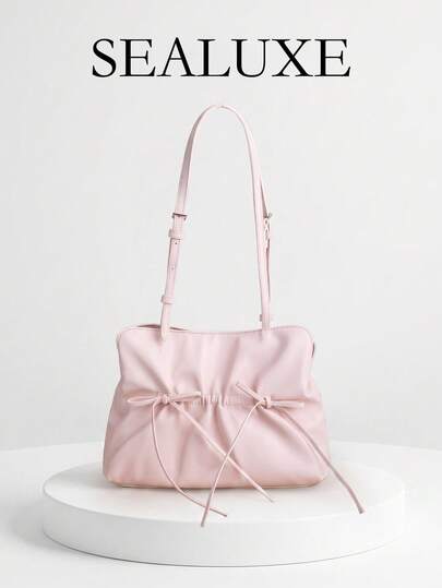 Stylish Sweet-Style Square Handbag With Pleats Tie Fastening Drawstring And Bow; Ladies' Shoulder Bag With Adjustable Strap Use Such As Shopping Trips