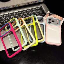 1pc Macaron Colorblock Transparent Shockproof Phone Case Compatible With Iphone 17 Pro Max/17/16/15/14, Women - Hot Pink - View 2