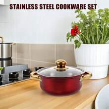 Stainless Steel Cookware Set With Nonstick Surface And Gold Handles Kitchen Pots And Pans For Frying Baking And Cooking Vibrant Wine Red Color Compatible With Multiple Heat Sources - View 8