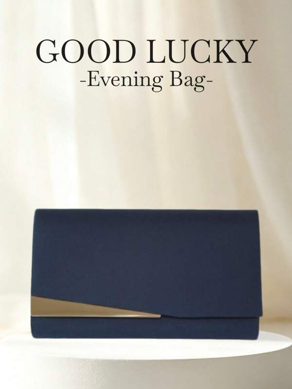 GOOD LUCKY Navy Blue Velvet Evening Envelope Clutch With Metal Decor, Luxury Fashion Minimalist Velvet Handbag. Suitable For Wedding / Party / Commute / Workplace / Date And Other Occasions.