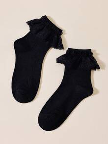 1/3/5 Pairs Women's Black Lace Ruffle Trim Short Socks, Soft Breathable Ribbed Knit Ruffle Mid-Calf Socks, Suitable For Daily Wear, Party, Cosplay, Vintage Ballet Core Lolita Princess Dress Socks - Black - View 8