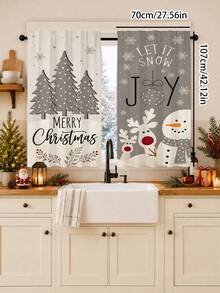 2pcs Gray Tone Minimalist Reindeer Snowman Christmas Tree Christmas Print Curtains, Rod Pocket Polyester Fabric, Simple Line Pine Tree Red Berry Snowflake Holiday Text Full Print, Nordic Cold Style Quiet Winter Christmas, Machine Washable, Kitchen Living Room Bedroom Decor Window Treatment - Multicolor - View 13