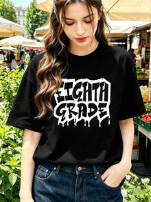 Women's 100% Cotton Graffiti Graphic T-Shirt, Loose Fit, Hip-Hop Street Style, Comfortable, Graphic Design - Black - View 6