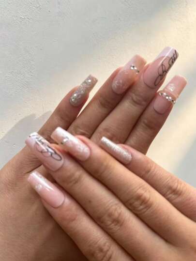 12 piezas de puntas de uñas acrílicas rectangulares, degradado de polvo blanco, gel 3D, arte de uñas con perlas falsas doradas