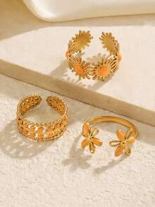 3pcs Stainless Steel 18K Gold Plated Summer Elegant Style City Leaf Flower Sun Ring Set Suitable For Women Daily Holiday Vacation Wear - Multicolor - View 5