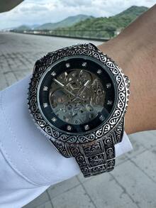T-WINNER 1pc Men's Classic Vintage Carved Hollow Automatic Mechanical Watch With Rotating Bezel, Luminous Hands, Rhinestone Decorated Dial, Luxury Stainless Steel Band, Business Casual Wristwatch - Silver - View 6