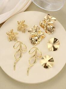 8pcs Anting Tusuk Tebal Lebar Berlebihan Desain Vintage Minimalis Elegan Indah Pita Geometris Tekstur Asimetris Bunga Bulat Gaya Logam Set Multi-Piece Hadiah Liburan Pesta Kencan Pakaian Sehari-hari untuk Perjalanan Harian - Yellow Gold - View 4