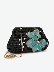 New Chinese Style Retro Straw Shell Bag With Sequin Embellishments, A Versatile Women's Handbag Perfect For Weddings, Banquets, And Outings. - Black - View 10