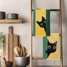 2PCS Cute Peeking Cat Pattern Printed Kitchen Towels 40*60cm Simple Style Rectangular Microfiber Kitchen Towels, Dish Cloths, Tablecloths, Hand Towels, Kitchen Decor, Housewarming Gifts For Neighbors, Perfect For Kitchen And Bathroom Use, Suitable For Housewives And Family Gatherings, High Cost-Performance, Essential Household Item - Green - View 9
