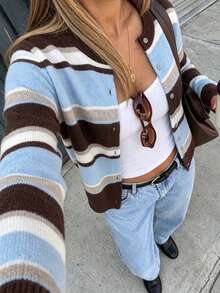 FOR BEAUTY 女款條紋針織開襟衫，棕色與藍色長袖鈕扣圓領休閒 Y2K 優雅街頭風外出上衣，適合夏季與秋冬 - 彩色 - 查看 4