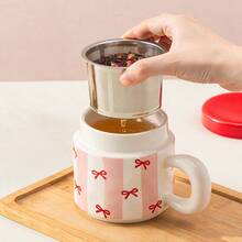 1pc 340ml/11.5oz Fashionable Pink Vertical Striped Ceramic Tea Cup With Lid And Filter, Cute Princess Style Red Heart Bow Print Porcelain Tea Infuser Mug, Suitable For Loose Leaf Tea, Coffee, Milk, Sweet Romantic Anniversary Birthday Gift Cup - Multicolor - View 7