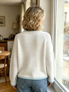 Women's Knit Crew Neck Pullover Sweater, Long Sleeve Patchwork Ribbed Animal Pattern, Cute Elegant Spring Autumn Style - Apricot - View 3