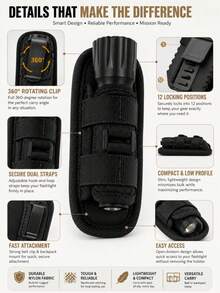 1pc Tactical Flashlight Pouch With Rotatable Flashlight Holder, Equipped With Belt Clip And 360 Degree Mounting Engineering Fastener - Multicolor - View 10