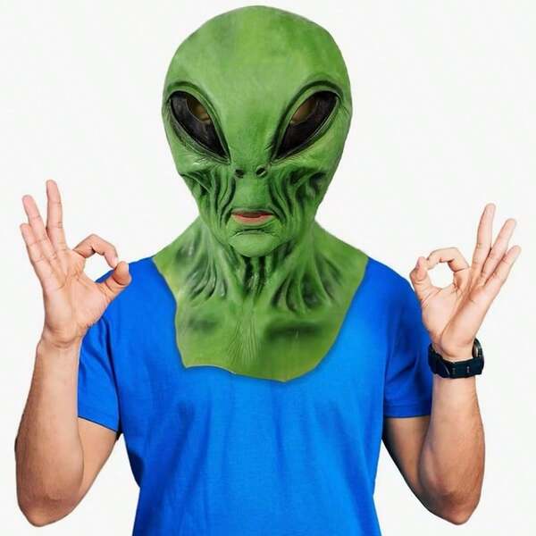 Máscara de látex de alienígena de cara completa, gran éxito de , accesorio de cabeza de terror de Halloween con temática de OVNI, nuevo ET alienígena