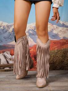 Khaki Tassel Embroidered Western Cowboy Boots For Women, Pointed Toe, Chunky Heel, Side Zipper, Vintage Suede High Shaft Riding Boots - Khaki - View 5