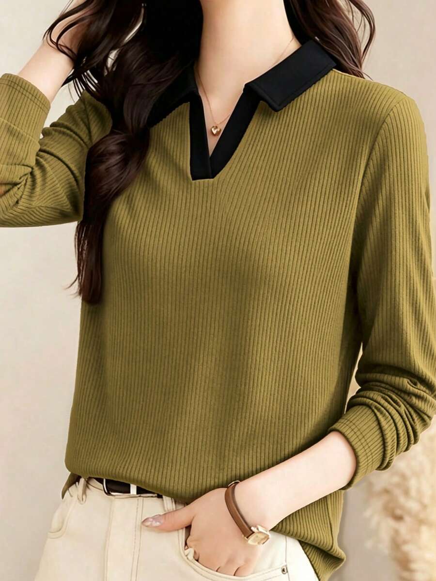 女款 2025 新款秋季 Polo 領長袖 T 恤，外套上衣，標準肩寬基礎層休閒風