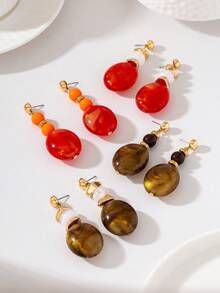 Anting Panjang Manik-Manik Oval Bertekstur Warna Oranye-Merah - Merah jingga - View 2
