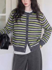 Women's Casual Minimalist Striped Design Round Neck Cardigan Knit Sweater Jacket, Autumn/Winter Fall - Grey - View 4