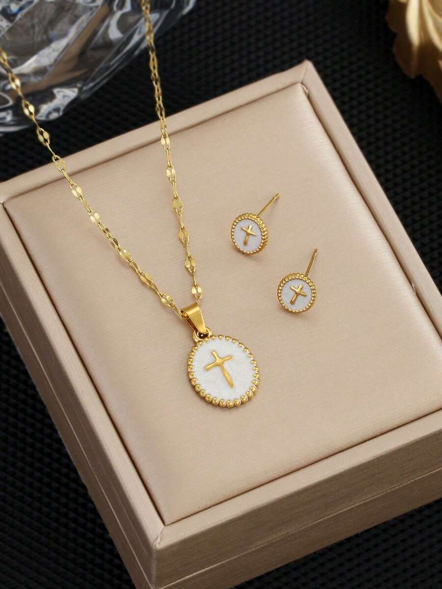 Bộ 2 dây chuyền mặt thánh giá hình oval phong cách retro cho trẻ em, trang sức Công giáo cầu nguyện cá nhân, đeo hàng ngày cho Ngày Thăng Thiên - Nhiều màu - Xem 1
