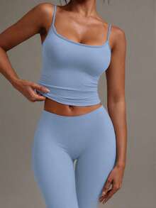 XLLAIS Sexy Backless Women Tank Top, Elastic Casual Spaghetti Strap Camisole Summer - Sky Blue - View 2