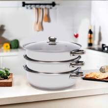28cm/11in 3-Tier Stainless Steel Steamer Pot With Glass Lid, Silver Multi-Layer Steam Cookware, Dishwasher , Compatible With Induction And Gas Hobs For Home Cooking - View 2
